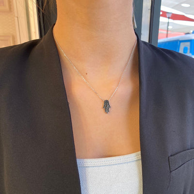 שרשרת כסף עוצמתית חמסה ארוכה משובצת שחורה