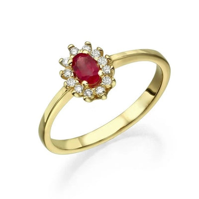 טבעת הנסיכה דיאנה מזהב לבן משובצת רובי ו 12 יהלומים