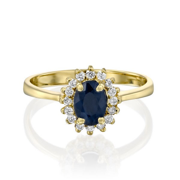 טבעת זהב משובצת אבן ספיר כחול מעבדה ויהלומים