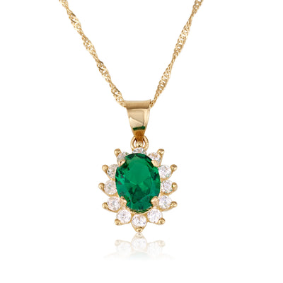 שרשרת זהב עם תליון אובלי משובץ אבן ירוקה וזרקונים מסביב