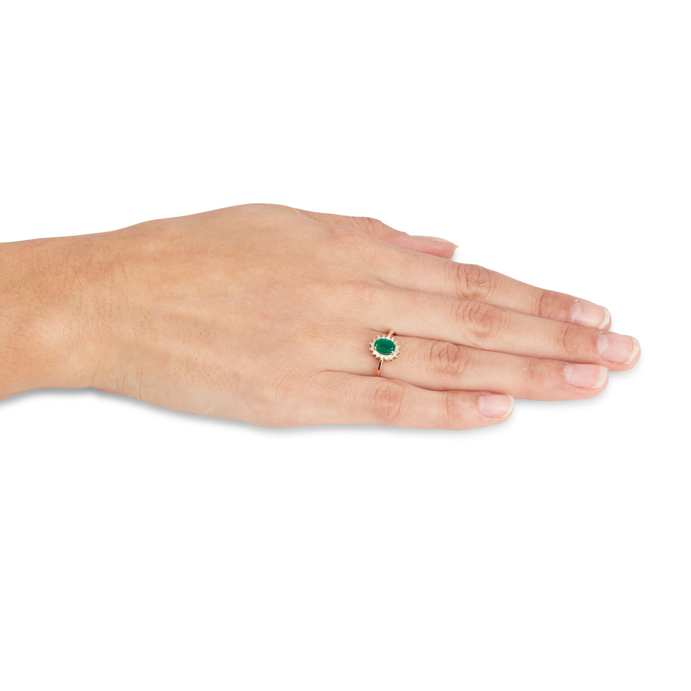 טבעת זהב משובצת אבן אגת ירוקה ומסביבה יהלומים