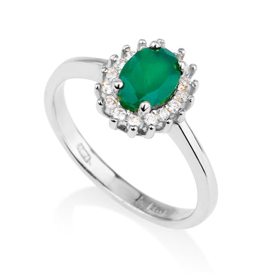 טבעת זהב משובצת אבן אגת ירוקה ומסביבה יהלומים