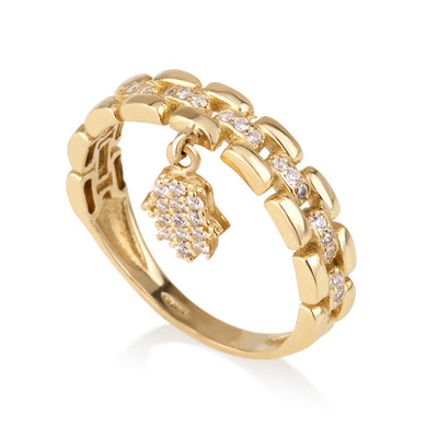 טבעת זהב חוליות עם חמסה תלויה משובצת
