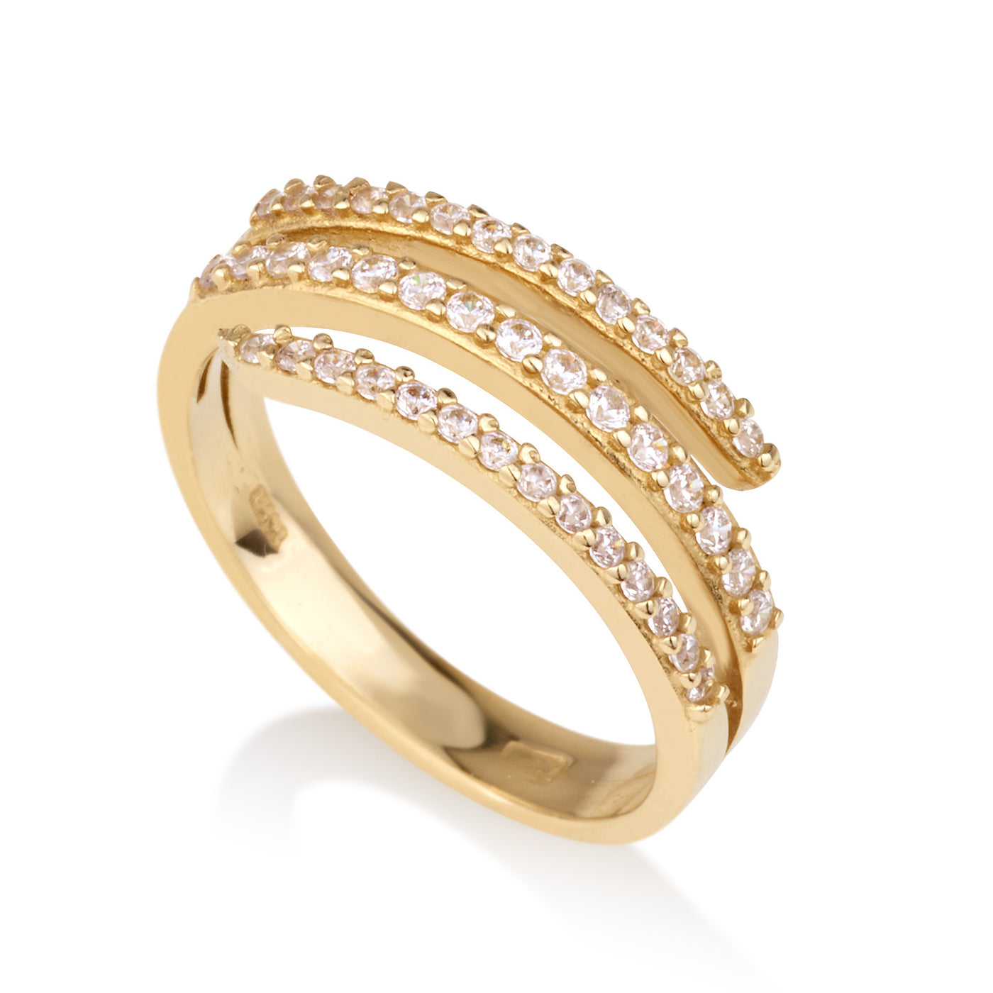 טבעת זהב ספירלה 3 שורות זרקונים