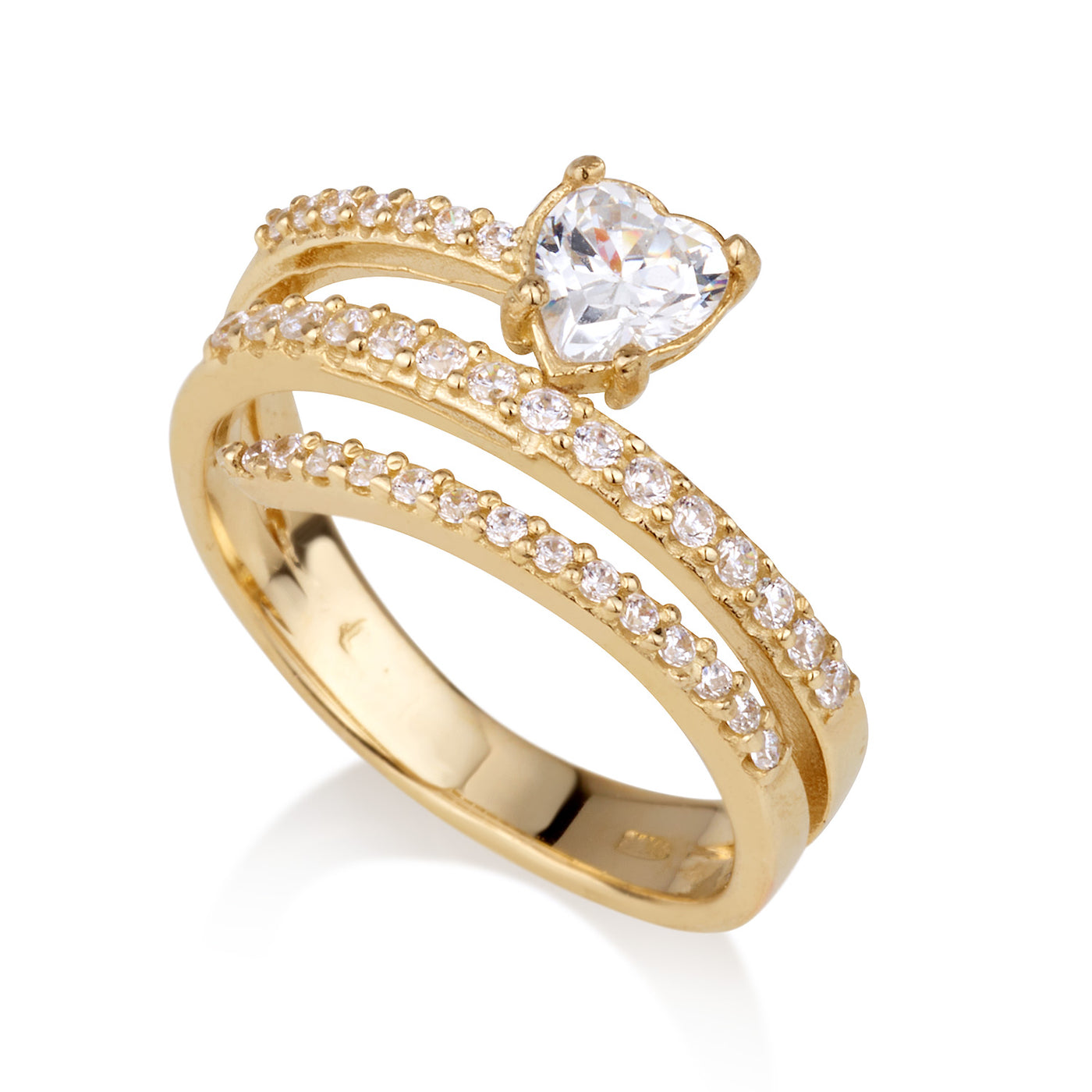 טבעת זהב ספירלה 3 שורות זרקונים ולב