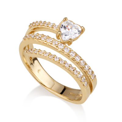 טבעת זהב ספירלה 3 שורות זרקונים ולב