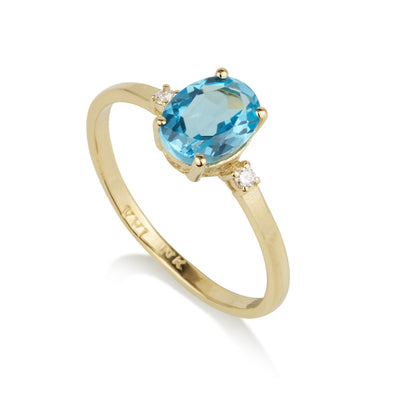 טבעת זהב לבן וינטג' משובצת אבן בלו טופז טבעי עם יהלומים בצדדים