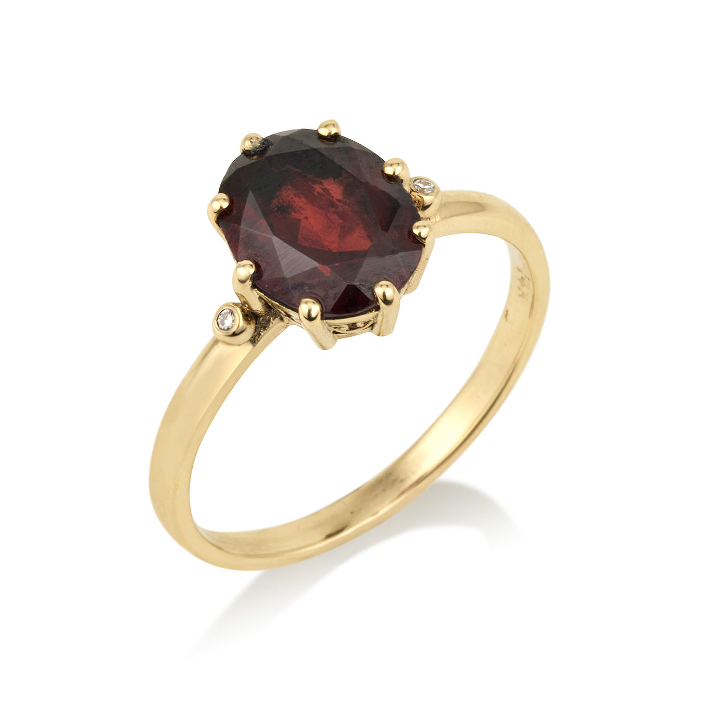 טבעת זהב וינטג' משובצת אבן גרנט עם יהלומים בצדדים